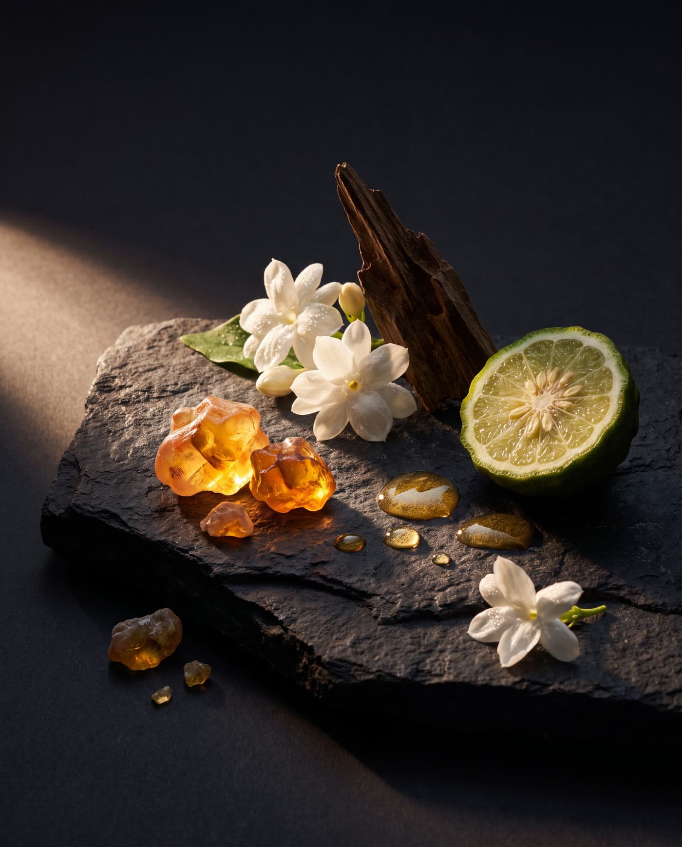 The raw materials of Nuit d'Or — amber resin, jasmine, oud wood and bergamot on dark stone